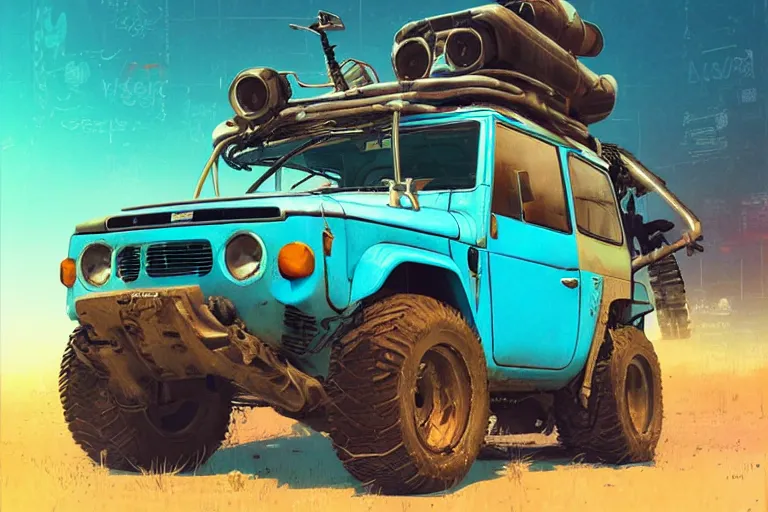 Image similar to digital illustration of a futuristic faded cyan mad max's fj 4 0 decrepit!!!! pursuit special, rusty!!! cyberpunk nissan fj cruiser heavily modded 1 9 9 0 s, the last v 8 interceptor by makoto shinkai, ilya kuvshinov, lois van baarle, rossdraws, basquiat