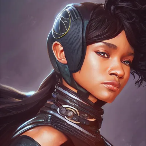 Image similar to portrait of an black female ranger, D&D, fantasy, highly detailed, digital painting, artstation, smooth, sharp focus, illustration, art by artgerm and greg rutkowski and alphonse mucha