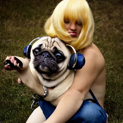 Image similar to pug with a big blonde wig playing delta blues, photograph