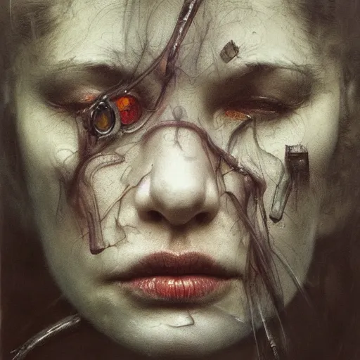 Image similar to portrait, stranger psycho by eugene von bruenchenhein, peter lindbergh, sam spratt, michael page, alyssa monks, julie heffernan, glenn brown, naoto hattori, brian froud, nicola samori, paolo roversi, kilart, 8 k, hyper detailed, hyper realism, acrylic paint, surrealism, smooth, sharp focus