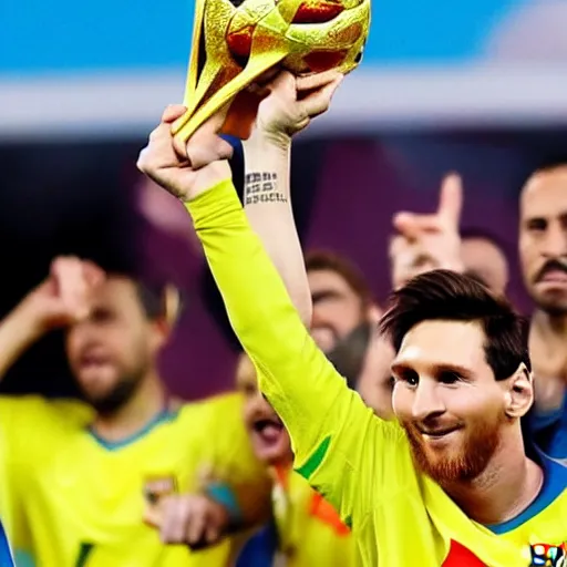 Prompt: a picture of messi holding the fifa world cup