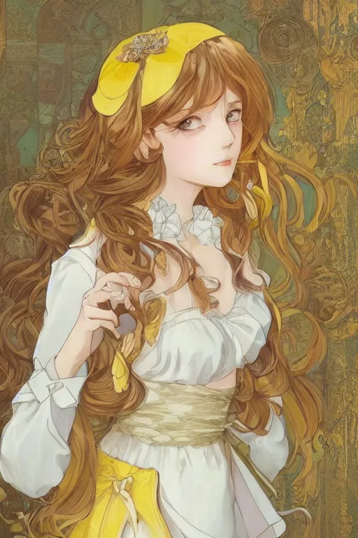 Image similar to A girl in a maid's outfit in a cafe a afternoon, wavy hair yellow theme,S line,45 angel by krenz cushart and mucha and trnyteal and ra-lilium