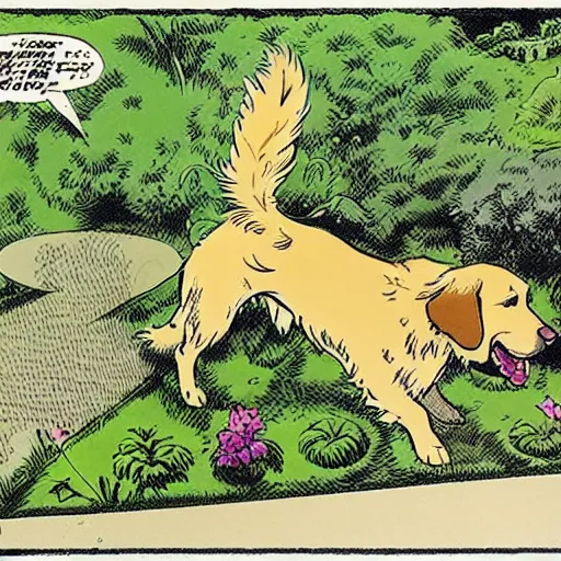 Prompt: golden retriever walking on a garden, isometric aerial panel, comic art by kirby, gibbons and buscema