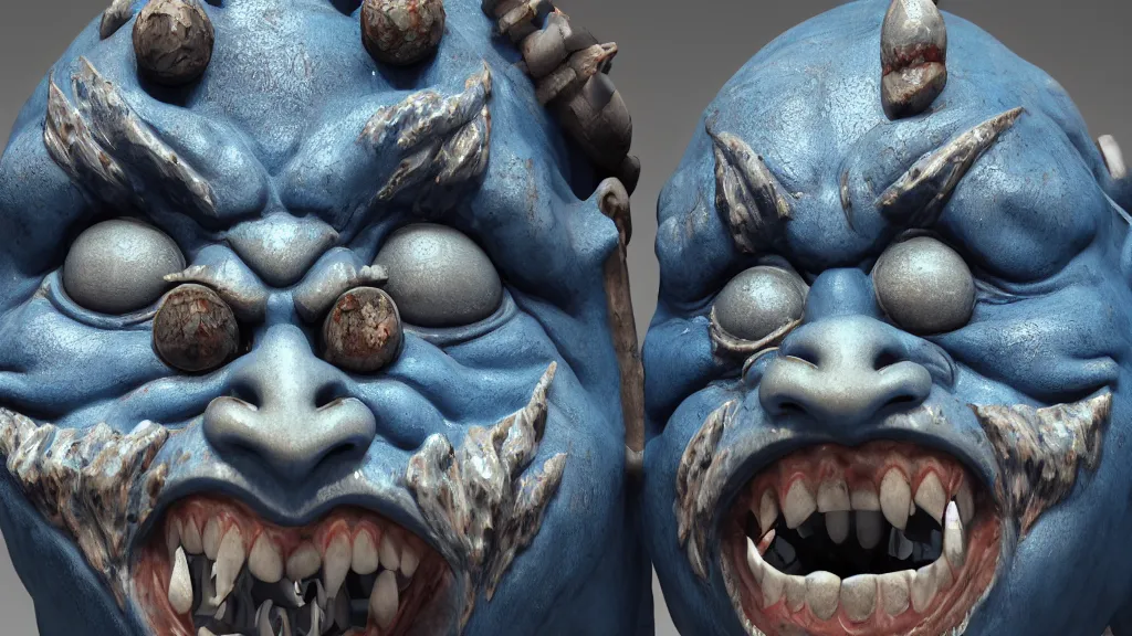 Prompt: a photorealistic blue japanese oni mask, japanese pottery, colorful, metal, trending on cgsociety, sharp focus, ultra realistic details, cinematic atmosphere, global illumination, shadows, octane render, 8 k