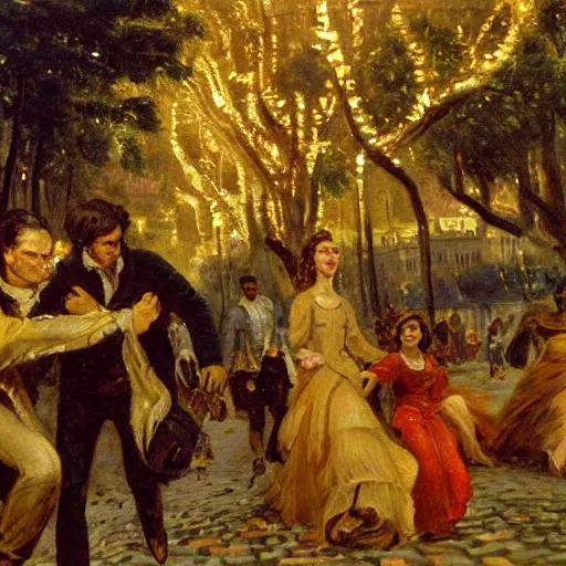 Image similar to highly detailed oil painting in the style of Delacroix of an early 20th century French writer exiting from a fantastical time machine made of polished gold metal and covered in flashing lights and monitors that has just appeared in the Luxembourg Gardens, Paris, 1973