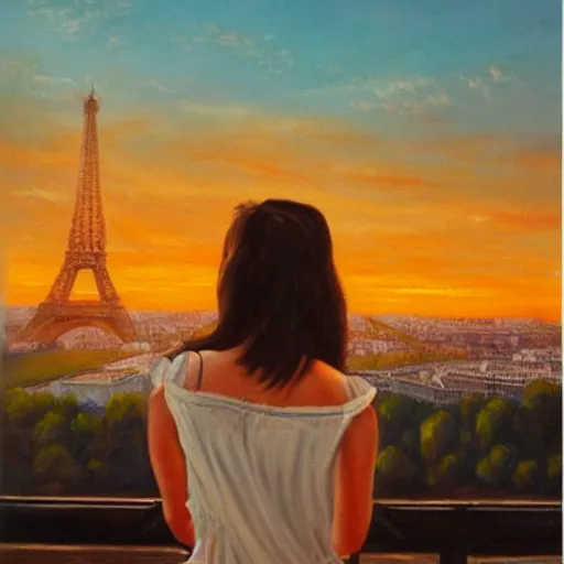 Prompt: a beautiful oil painting of a woman at the eiffel tower looking at a sunset, beautiful, romantic, detailed