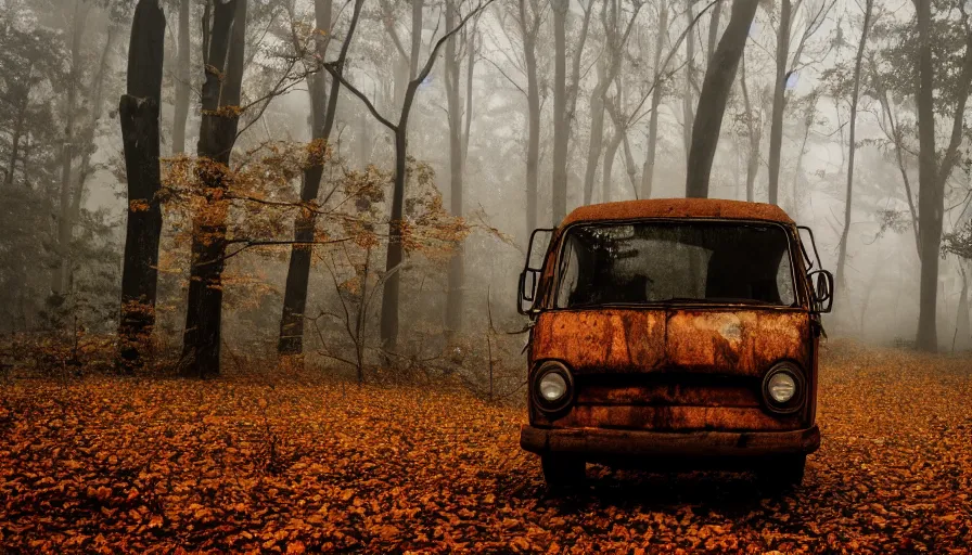 Image similar to a Old rusty van left in a foggy scary forest with leaves falling out of trees, 4k photography award winning,