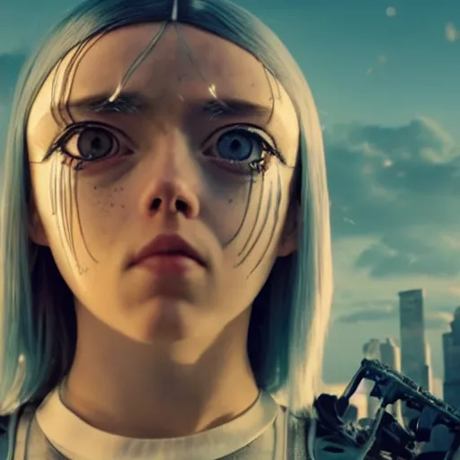 Image similar to Billie Eilish as Alita in Alita:Battle Angel, Film Still, 35mm dramatic lighting, cinematic, deep focus, styleframe,