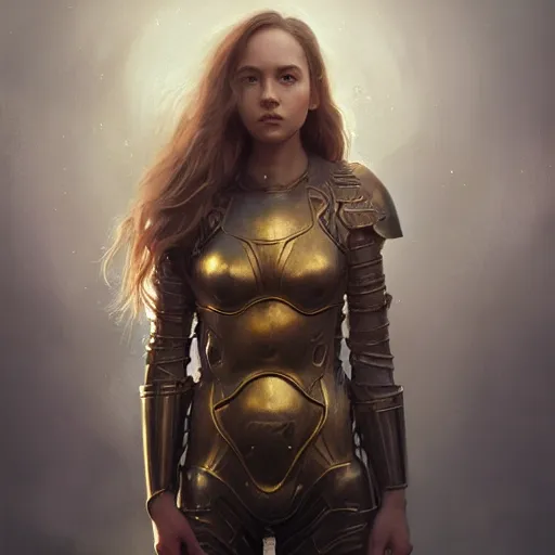 Image similar to attractive aesthetically pleasing young girl portrait, partially clothed in metal-plated battle armor, atmospheric lighting, painted, intricate, volumetric lighting, beautiful, golden hour, sharp focus, ultra detailed, by Leesha Hannigan, Ross Tran, Thierry Doizon, Kai Carpenter,Ignacio Fernández Ríos