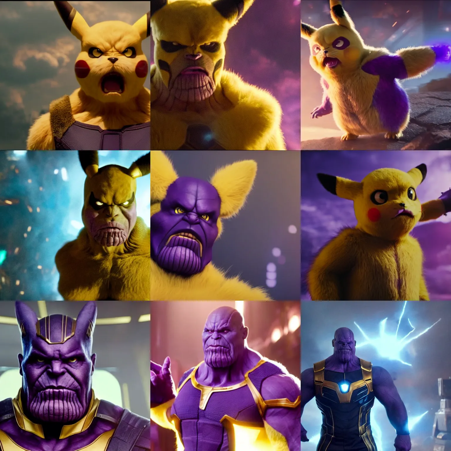 Prompt: thanos wearing pikachu fur costume with big ears , backlight cinematic medium shot film still from avengers endgame