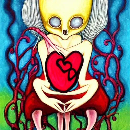 Prompt: macabre painting of a person sewing a heart together by jeremiah ketner | horror themed | creepy