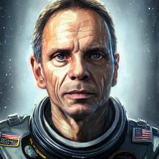 Image similar to portrait of a man by greg rutkowski, michael biehn as an space security officer, he is about 6 0 years old, military composure, wearing the tactical gear of weyland company, highly detailed portrait, digital painting, artstation, concept art, smooth, sharp foccus ilustration, artstation hq