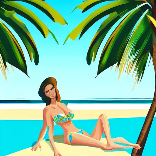 Image similar to a beautiful illustration of a woman in a swimsuit on the beach with palm trees by hed kandi, adobe illustrator