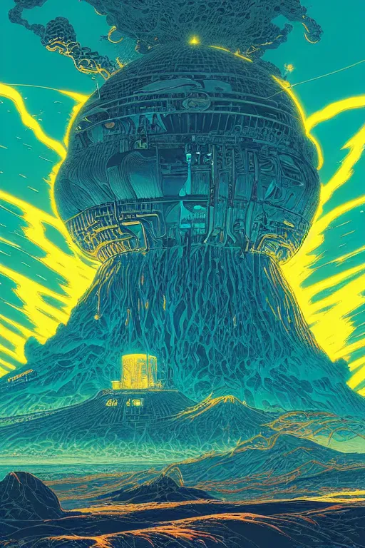 Prompt: artwork by kilian eng and ( dan mumford ) and toshi yoshida and franklin booth showing a futuristic powerstation!! in front of a ( ( exploding volcano ) ), vintage scifi, high details, dramatic lightning,, 8 k