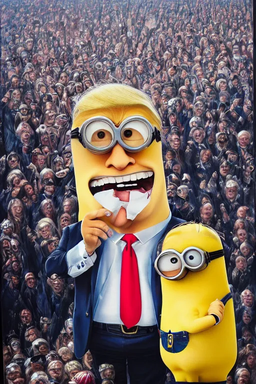 Prompt: trump with blond hair as a minion standing in front of a riot, oil on canvas, intricate, portrait, 8 k highly professionally detailed, hdr, cgsociety