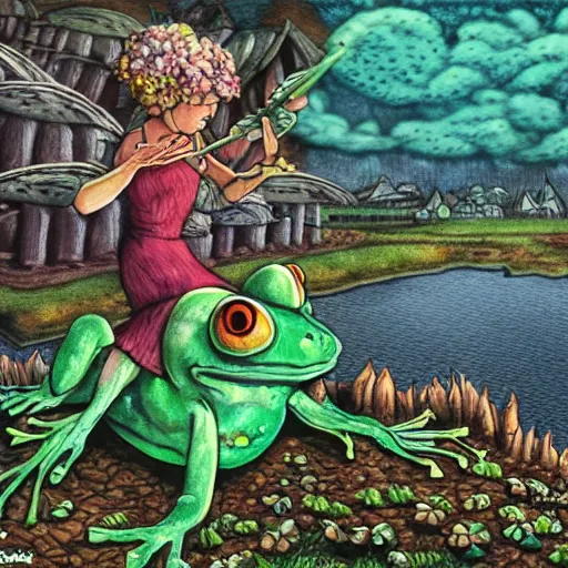 Prompt: Scary godlike fairy killing a frog ,detailed mushroom village in the background , Taras Shevchenko style, post-processing, fantasy , masterpiece , junji ito, painting , psychedelic colored