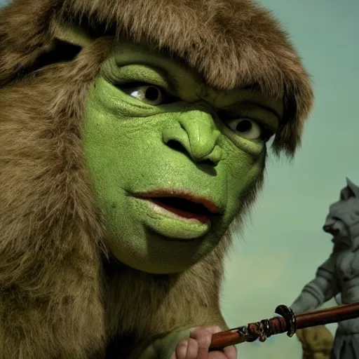 Image similar to still from a movie with cutting edge practical effects, giant humanoid troll with light green skin and big nose, burly, wearing long fur toga and holding sword, highly textured, fantasy, D&D, HDR, dramatic light, in alpine setting with mastadons in the background, wide angle shot, shallow depth of field, dynamic pose, award winning photograph!