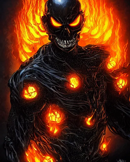 Image similar to ghost rider symbiote, dynamic lighting, fantasy concept art, trending on art station, stunning visuals, creative, cinematic, ultra detailed, comic strip style