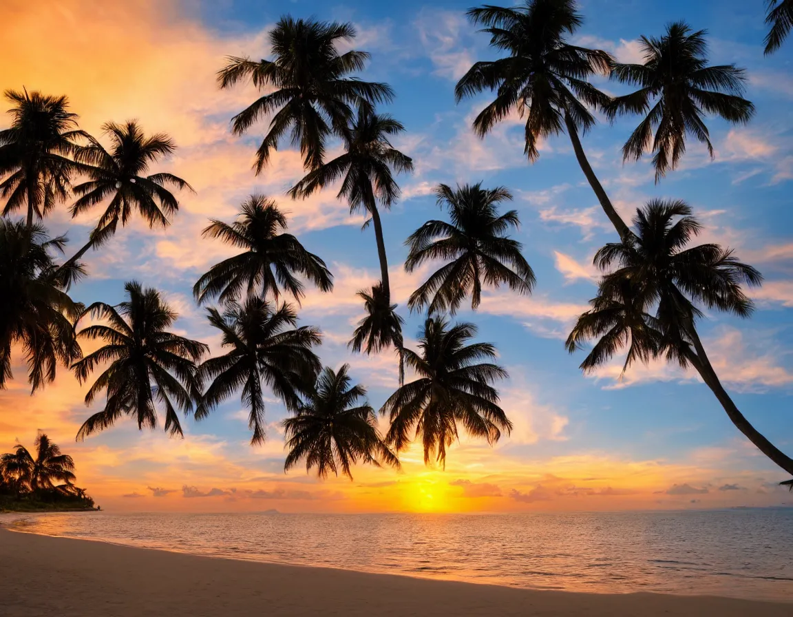 Image similar to photo of ultra realistic heart / shaped sandy beach island with exotic palm tree, sunset lighting