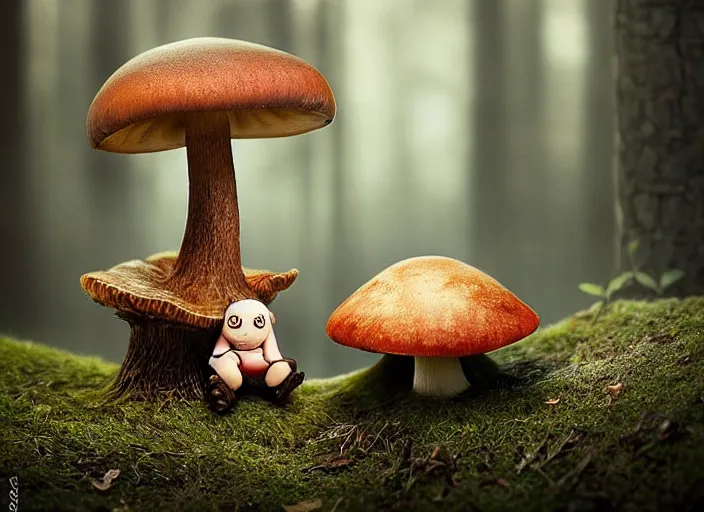 Image similar to a cute creature sitting next to a mushroom, realistic, very detailed, complex, intricate, studio lighting, superres sharpening, bokeh, sigma 5 0 mm f 1. 4, 1 9 2 0 period drama by bussiere rutkowski andreas rocha