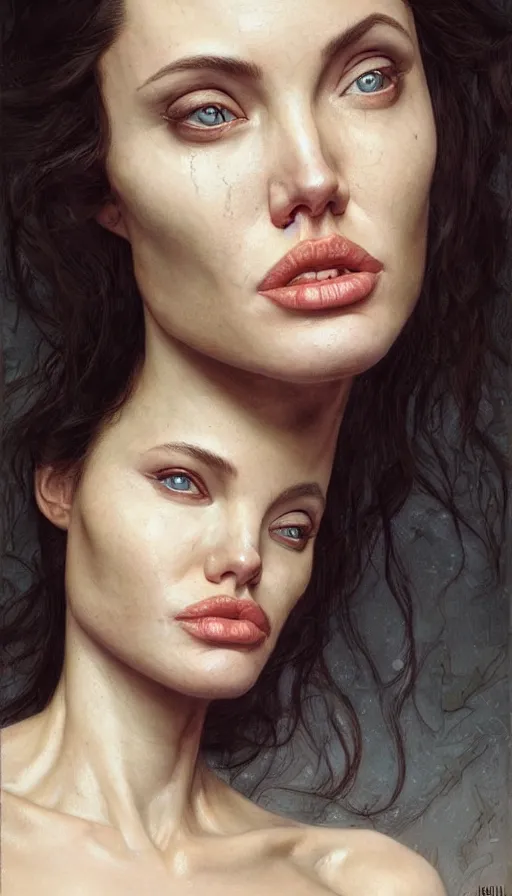 Image similar to epic masterpiece angelina jolie, sweaty skin, hyperrealistic, octane render, cinematic, beautiful face and flawless skin, perfect hands, 5 fingers, by Edgar Maxence and Ross Tran and Michael Whelan, Legends of Runeterra