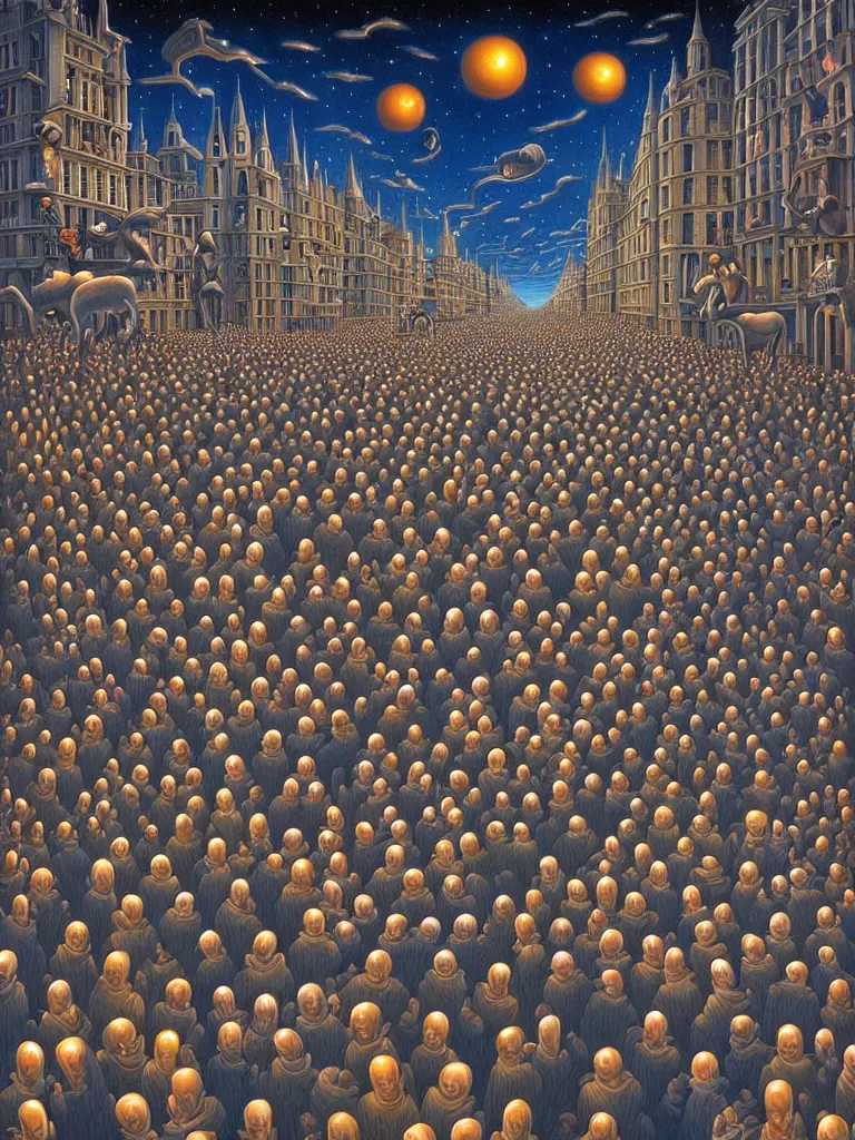 Image similar to A crowded street extending into the night sky, matte painting by Rob Gonsalves, in the style of Salvador Dalí, surrealism, magic realism, optical illusion art