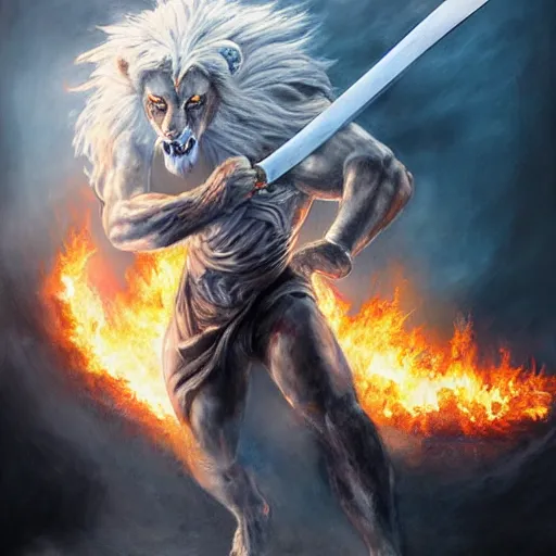 Image similar to Lionman with white hair walking away from a burning city, full body art, wielding a longsword with blue gemstones lining the blade, Painted By Aleksi Briclot, Dim Lighting
