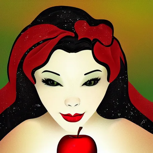 Image similar to snow white and the apple, colorful digital art