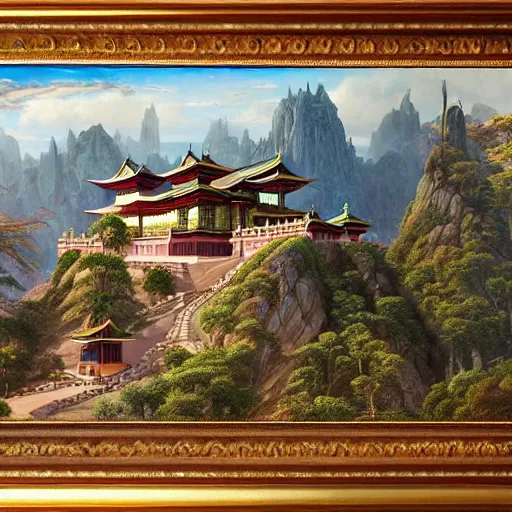 Image similar to a beautiful and highly detailed matte painting of a colorful yet humble buddhist temple and fort built of large stones in the distance high in the most epic mountains ever, intricate details, epic scale, insanely complex, 8 k, sharp focus, hyperrealism, very realistic, by caspar friedrich, greg rutowski, james gurney, hudson river school