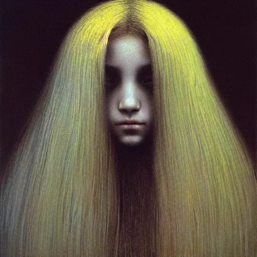 Prompt: portrait painting of teenage female queen by Beksinski, she is pale with long golden hairs. She has golden diadem