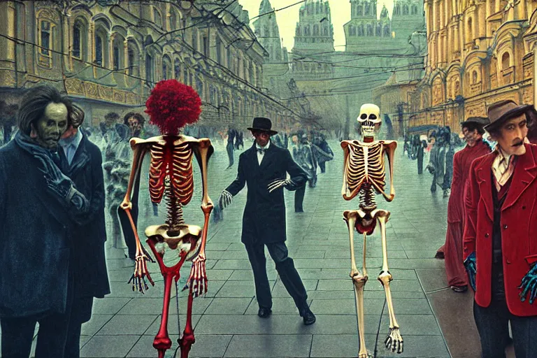 Image similar to realistic detailed photorealistic film portrait shot of a single skeleton wearing crimson velvet blazer in a crowded futuristic moscow street by Denis Villeneuve, Amano, Yves Tanguy, Alphonse Mucha, Ernst Haeckel, Andrei Tarkovsky, Edward Robert Hughes, Roger Dean, rich moody colours, wide angle, blue eyes