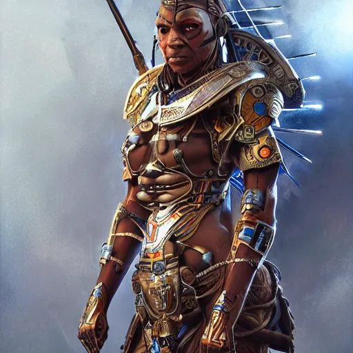 Prompt: a cyborg version of a maasai warrior carrying a futuristic spear and shield ultra realistic, concept art, intricate details, eerie, horror, highly detailed, photorealistic, octane render, 8 k, unreal engine. art by artgerm and greg rutkowski and alphonse mucha