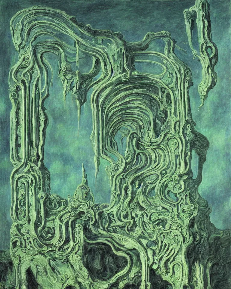 Image similar to achingly beautiful painting of intricate ancient giger alien structure on jade background by rene magritte, monet, and turner. giovanni battista piranesi.