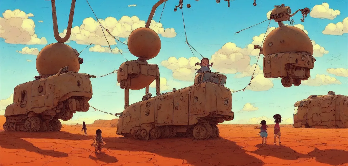 Prompt: memorable animation key shot, vanishing point, kids climbing up the giant bulbous rusty robot schwerer gustav!!!!, colorful bunting, desert, flags, festival, grafitti!!, rust, ghibli, fortress, by mandy jurgens, by satoshi kon, ilya repin, lena aenami, shinji kimura, daylight glow