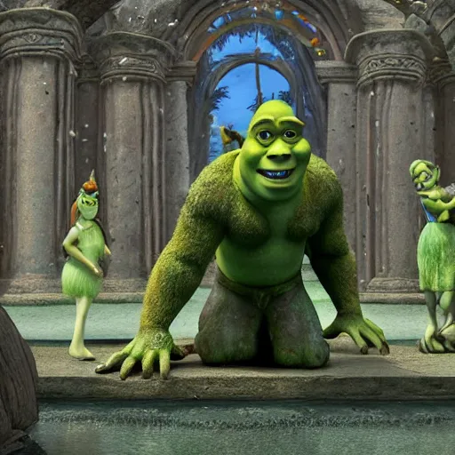 Image similar to Shrek statues in an ancient collapsing temple to Shrek discovered deep in the swamps, 4k render, octane, ancient ogre imagery, tribal war god, dark amazonian temple, onion statue, gargoyle-like decorations in the style of Donkey. hyper-detailed, intricate, hallowed swampland, Shrek (2003) by DreamWorks animation