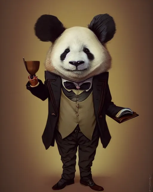 Image similar to anthropomorphic art of a detective panda, victorian inspired clothing by artgerm, victo ngai, ryohei hase, artstation. fractal papersand books. highly detailed digital painting, smooth, global illumination, fantasy art by greg rutkowsky, karl spitzweg