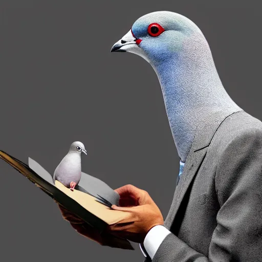 Prompt: a pigeon in a suit standing in profile, author portrait, back cover of book, synopsis