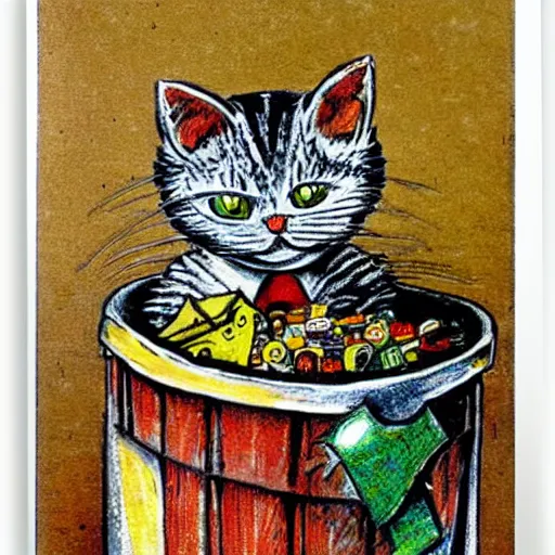 Image similar to trash can cat by louis wain