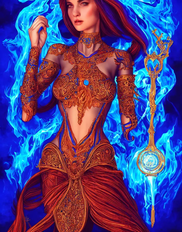 Prompt: halitrephes massi jelly, brilliant royal blue, flames surround her, intricate detail, ornate, tarot card, digital artwork by artgerm and wpol and sarasti, android jones, artstation