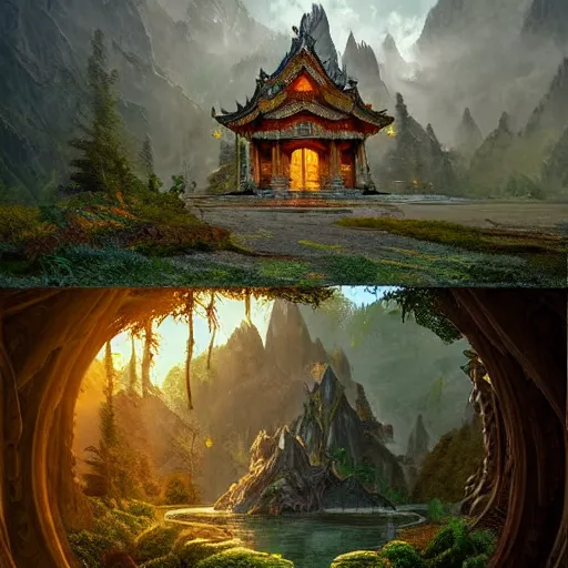 Prompt: A beautiful hyper realistic detailed matte painting of a dragon shaped temple nestled in forest mountains by John Howe and Albert Bierstadt and Alena Aenami and dan mumford and dave noton, unreal engine, trending on behance