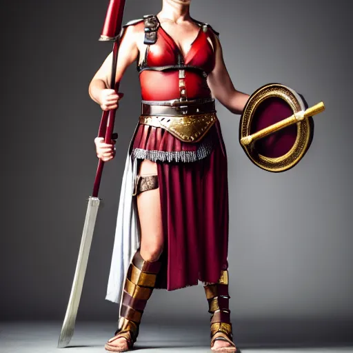 Image similar to full shot photo of a real-life female roman centurion