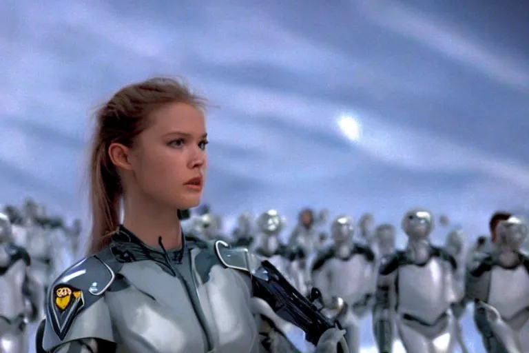 Prompt: Aurora in Starship Troopers (1997), highly detailed, high quality, HD, 4k, 8k, Canon 300mm, professional photographer, 40mp, lifelike, top-rated, award winning, realistic, sharp, no blur, edited, corrected, trending