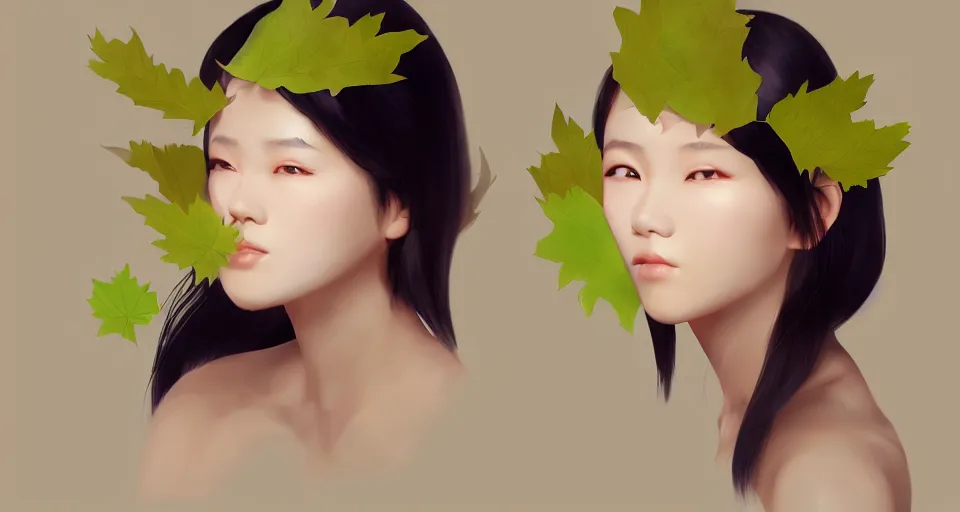 Image similar to asian female wearing leaf costume, contrast lightning, rough dark background, art by dannylailai on artstation, by hsiao ron cheng