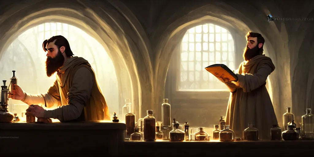 Image similar to a handsome bearded caucasian male sorcerer with brown hair, he is in a alchemist lab filled with beakers and equipment, casting a spell from a open book, neutral pose, digital art, concept art, epic composition, 4 k, light rays, super coherent, by dave melvin and greg rutkowski