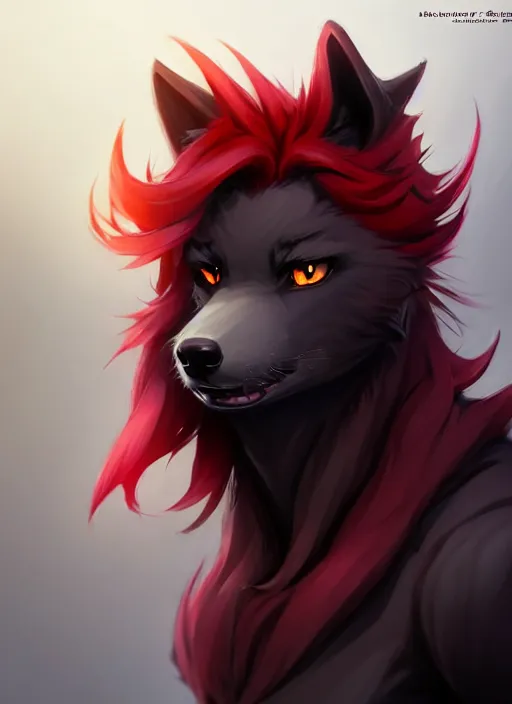 Image similar to character concept art of a black anthropomorphic furry male wolf long red hair | | cute - fine - face, pretty face, key visual, realistic shaded perfect face, fine details by stanley artgerm lau, wlop, rossdraws, james jean, andrei riabovitchev, marc simonetti, and sakimichan, trending on artstation