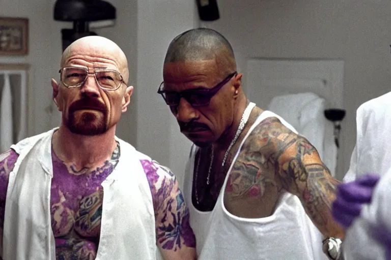 Prompt: walter white as a white gang member wearing a purple head covering made from a polyester or nylon material and a stained white tank top beating up his opponent gustavo fring in the streets of chicago, arms covered in gang tattoo, paparazzi, leaked footage, uncomfortable, bad quality