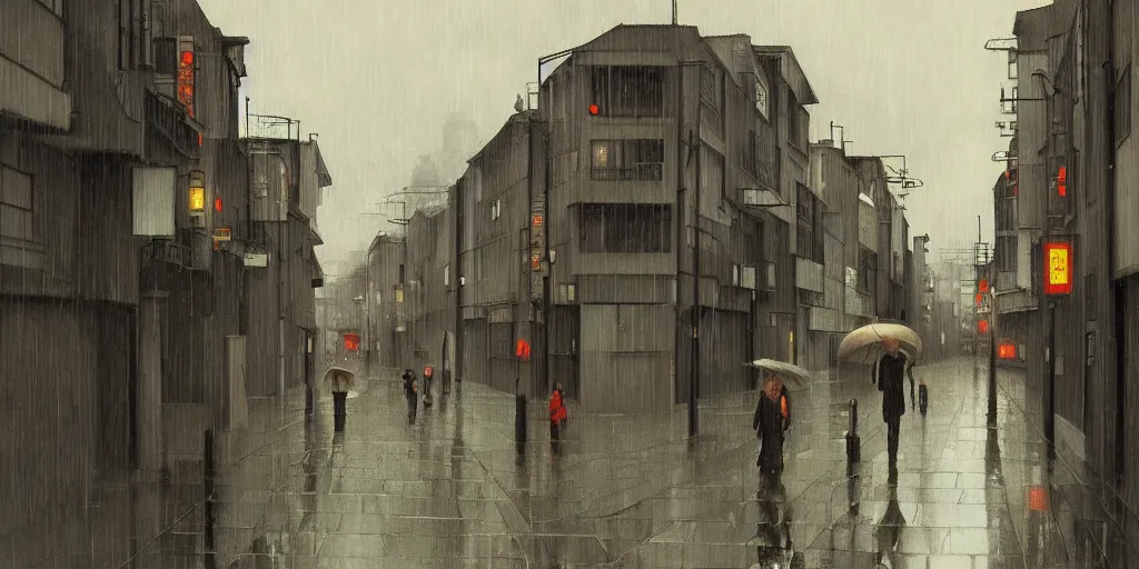 Image similar to a typical japanese city street in the rain, vermeer painting, dark academia aesthetic, matte painting, photorealistic, grey overcast day, by gerard brom