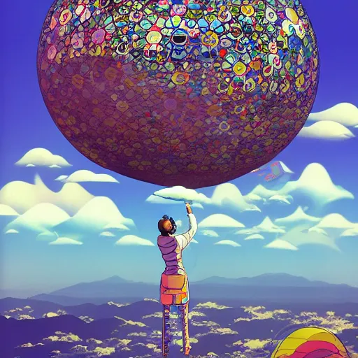 Image similar to a man walking on clouds away from the camera above kyoto by takashi murakami, beeple and james jean, aya takano color style, 4 k, super detailed, modern, 4 k, symmetrical