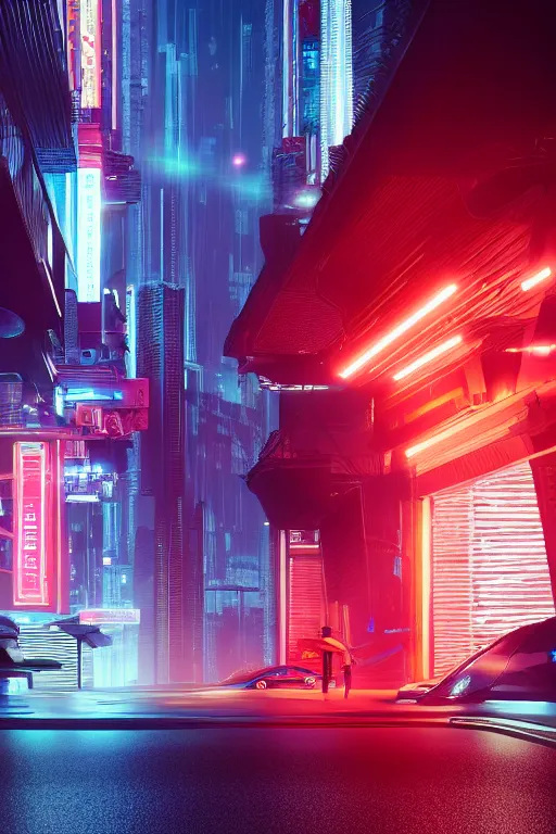 Image similar to Futuristic Asian city at night with rain, Cyberpunk style, Red Mini Cooper S, Neon lights, Matte paiting, cinematic lighting, corona render, smoke, light rays, 8k