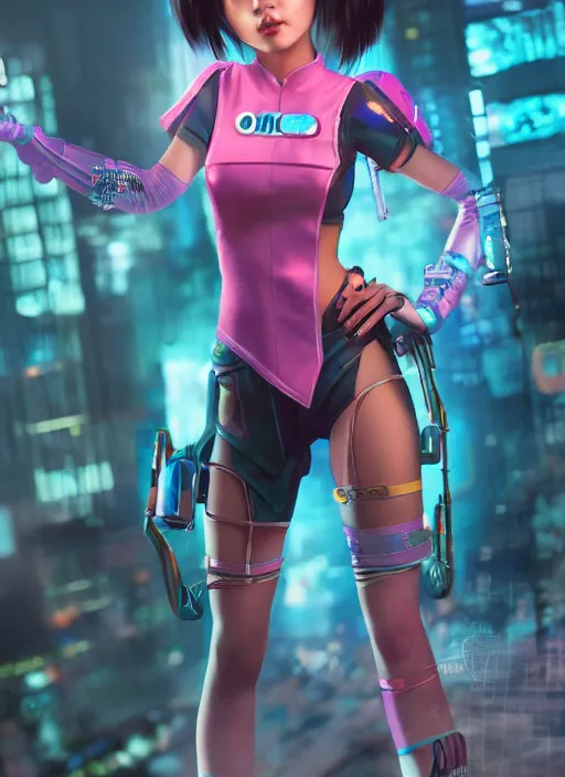 Prompt: a cute asian girl in a cyberpunk costume, in the style of pixar animation, full body shot, viewed from bellow, award winning, hyper detailed, studio lighting, artstation, octane renderer, unreal engine